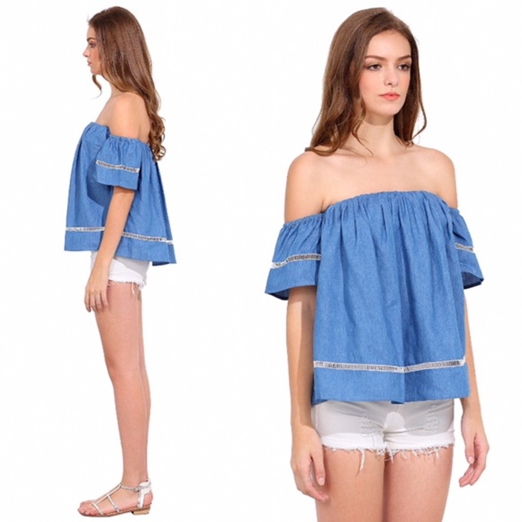 Off Shoulder Crochet Lace Trim Short Sleeve Chambray Blouse - Picture 2 of 3